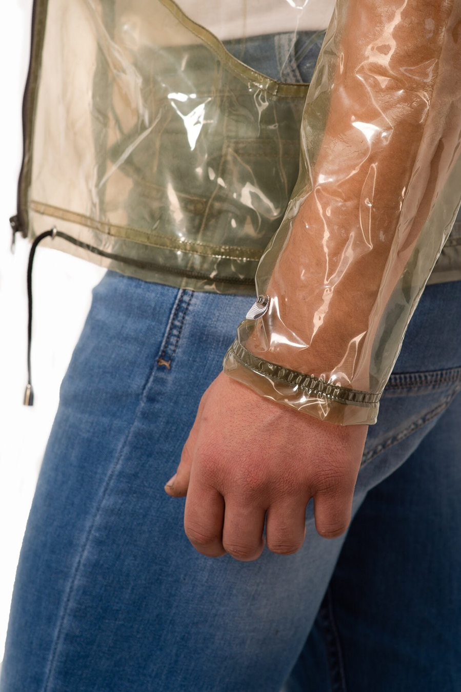 Men's Short Transparent Vinyl Raincoat - Unisex Waterproof Hooded Trench — Clear PVC Hooded Jacket with Pockets by DomdRich Studio