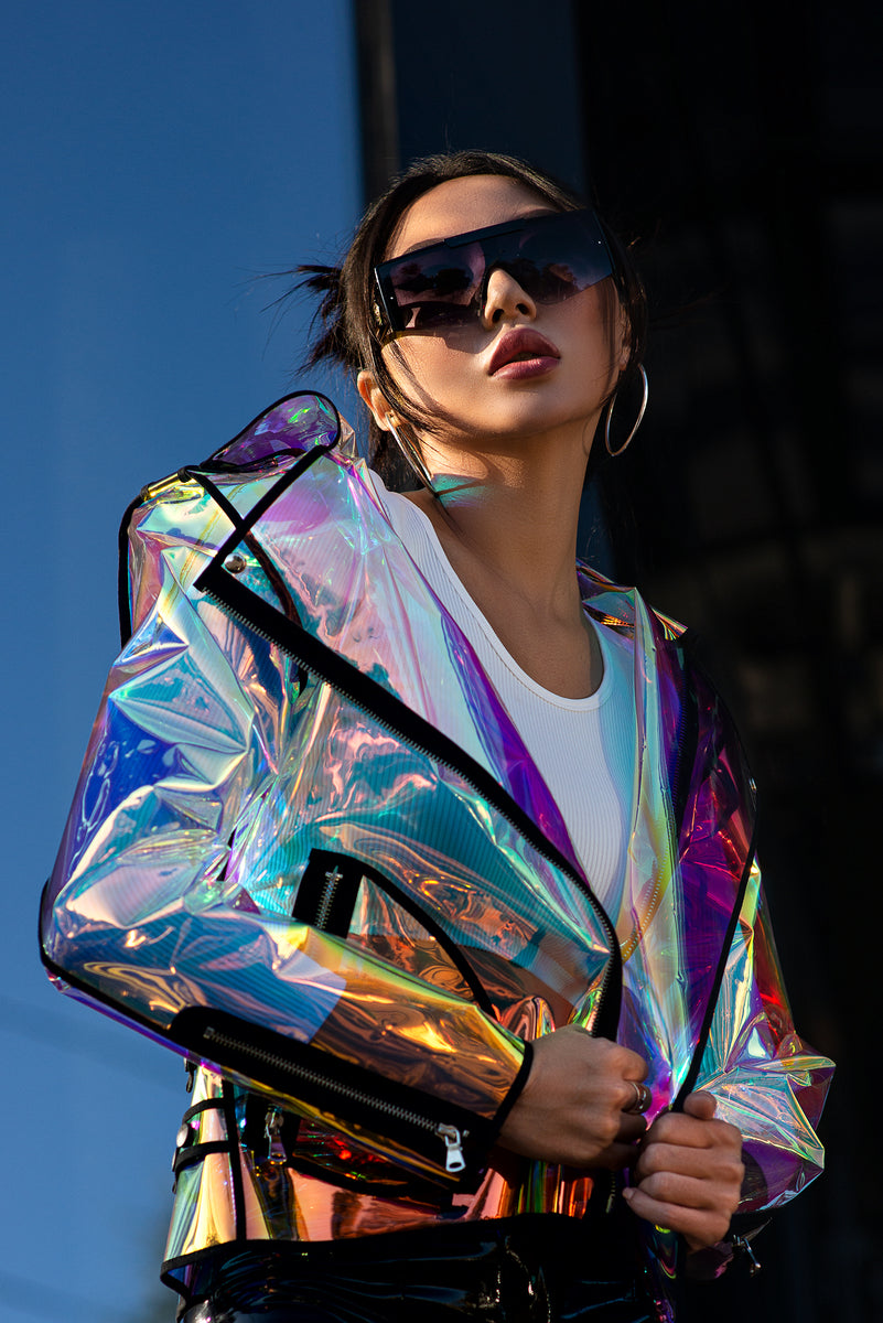 Iridescent TPU Biker Jacket. Plastic high fashion clothing. – DOMDRICH