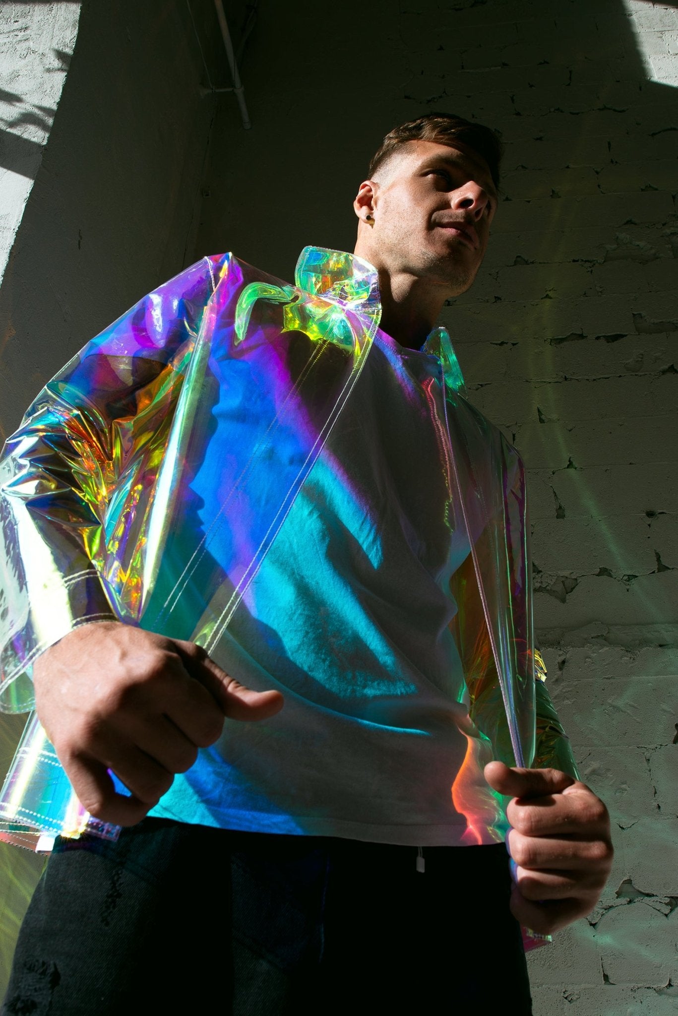 Iridescent Men's Blazer — Holographic Transparent Jacket — Avant-Garde Clear PVC Sport Coat & Futurist Party Wear by DomdRich Studio