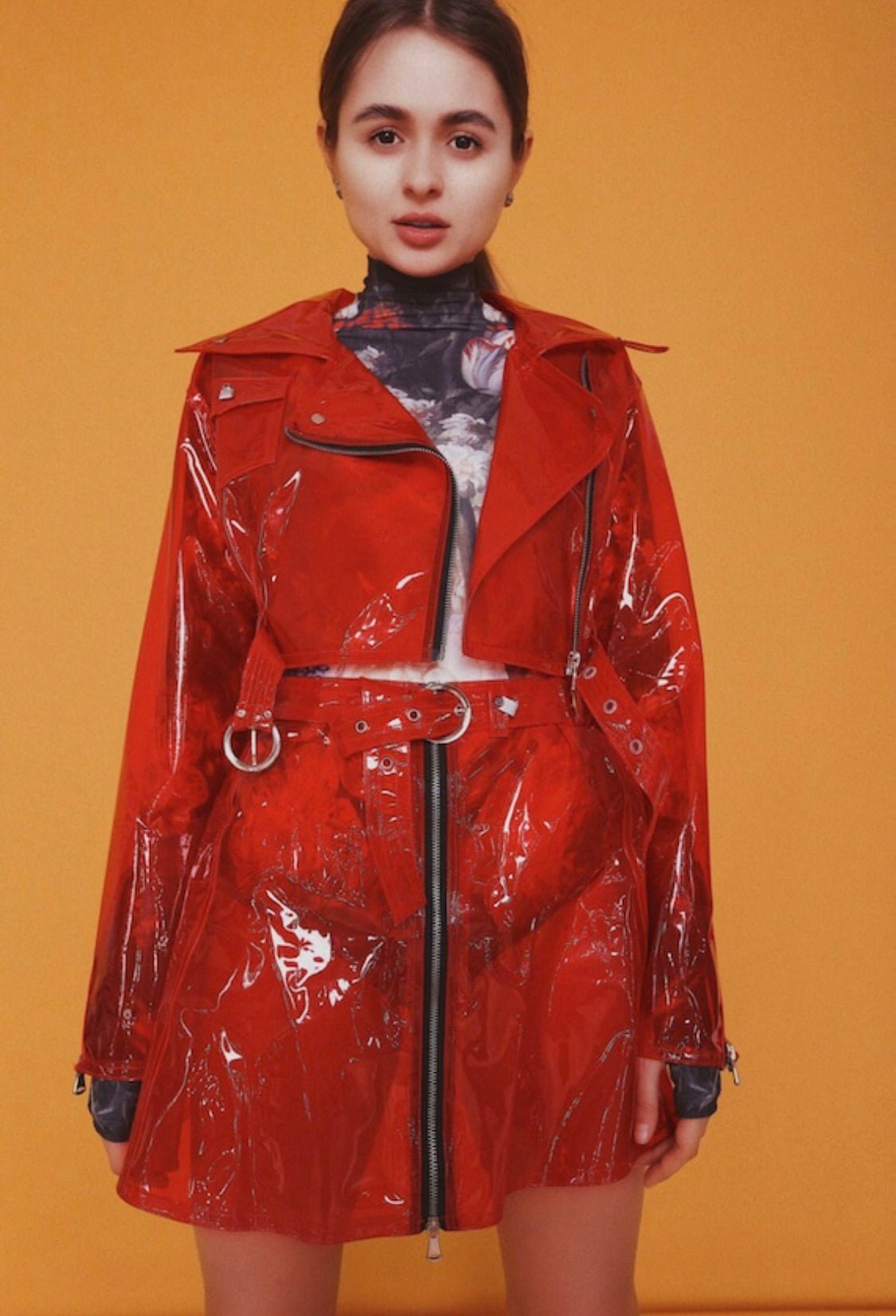 Stylish TPU Biker Crop Jacket & Matching Mini Skirt — Transparent Vinyl Two-Piece Set — Avant-Garde Clear PVC Biker Style by Domdrich Studio