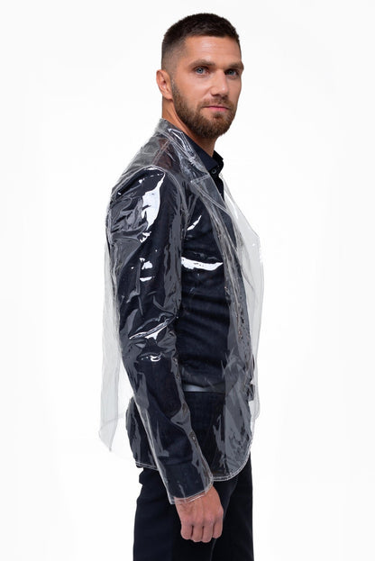 Avant-garde street style look featuring the Transparent Vinyl Blazer
for men.