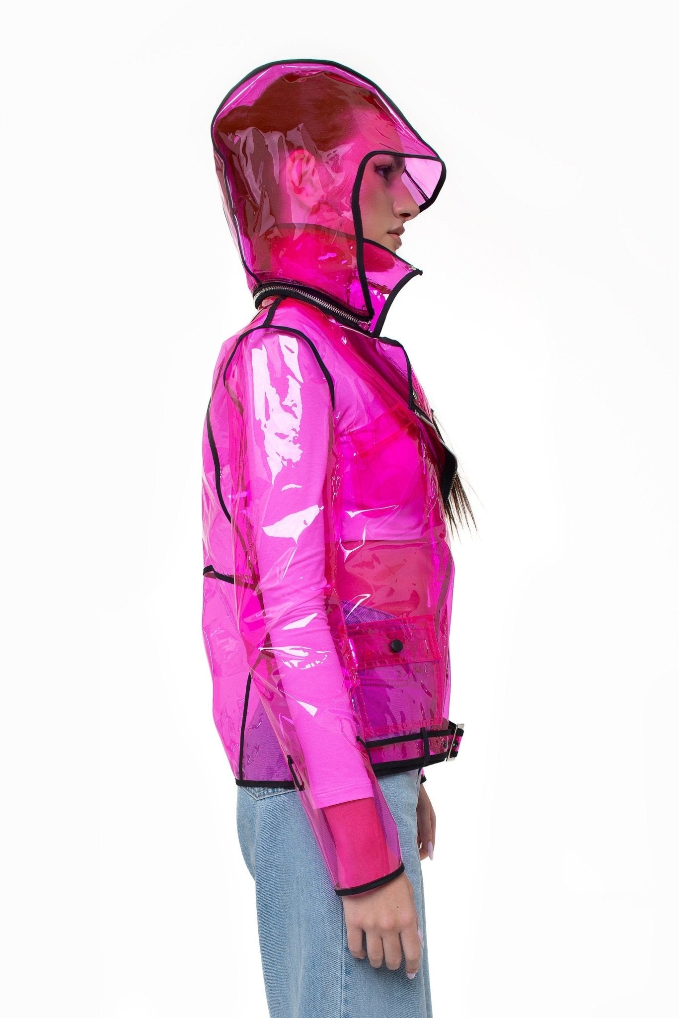 Transparent Vinyl Biker Jacket — Cropped PVC Moto Jacket with Removable Hood — Avant-Garde Clear Festival Wear by DomdRich Studio