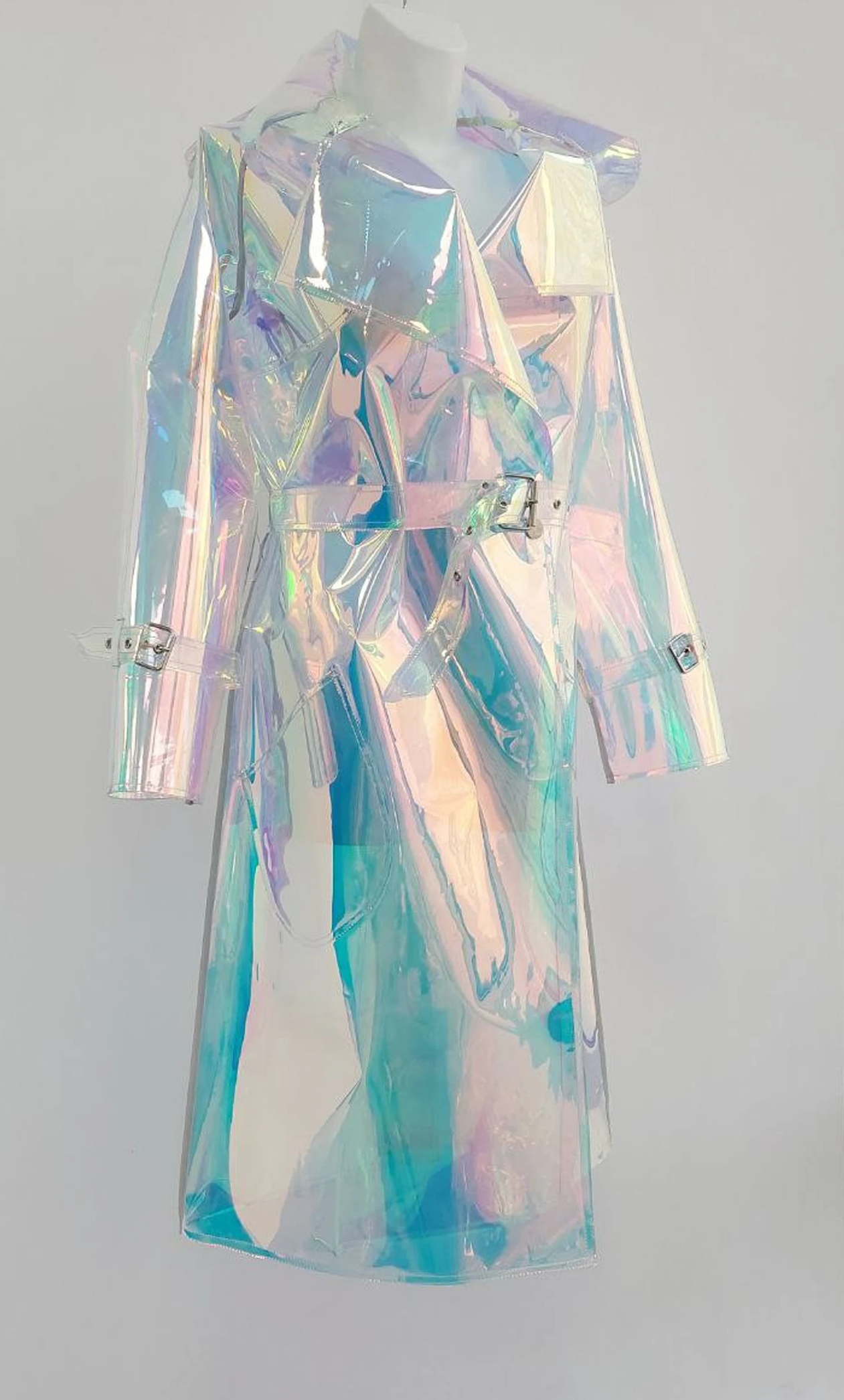 Men’s iridescent trench coat waterproof holographic rainwear by Domdrich.