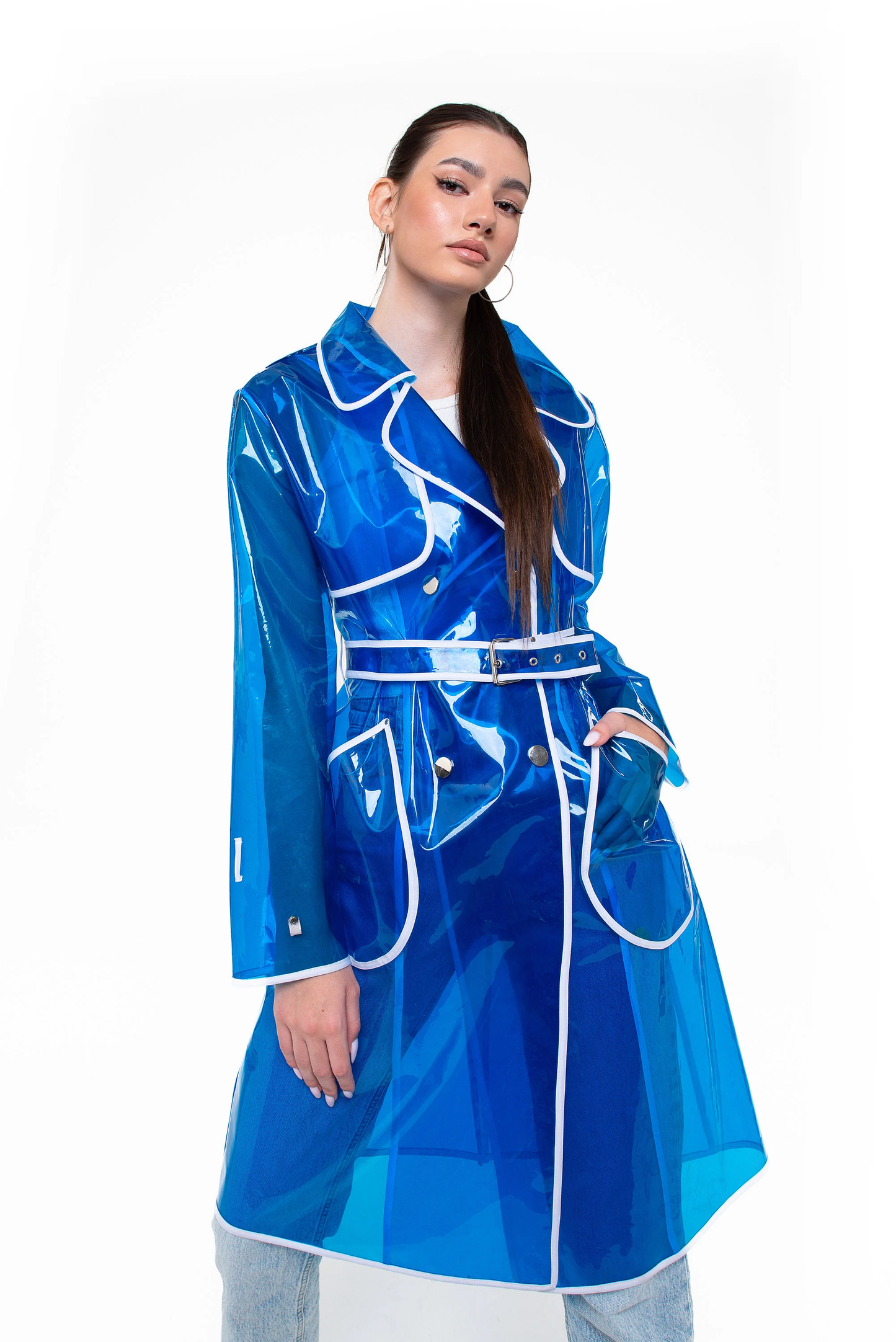 Women’s Classic Vinyl Trench Coat – Glossy Transparent Outerwear with Removable hood!