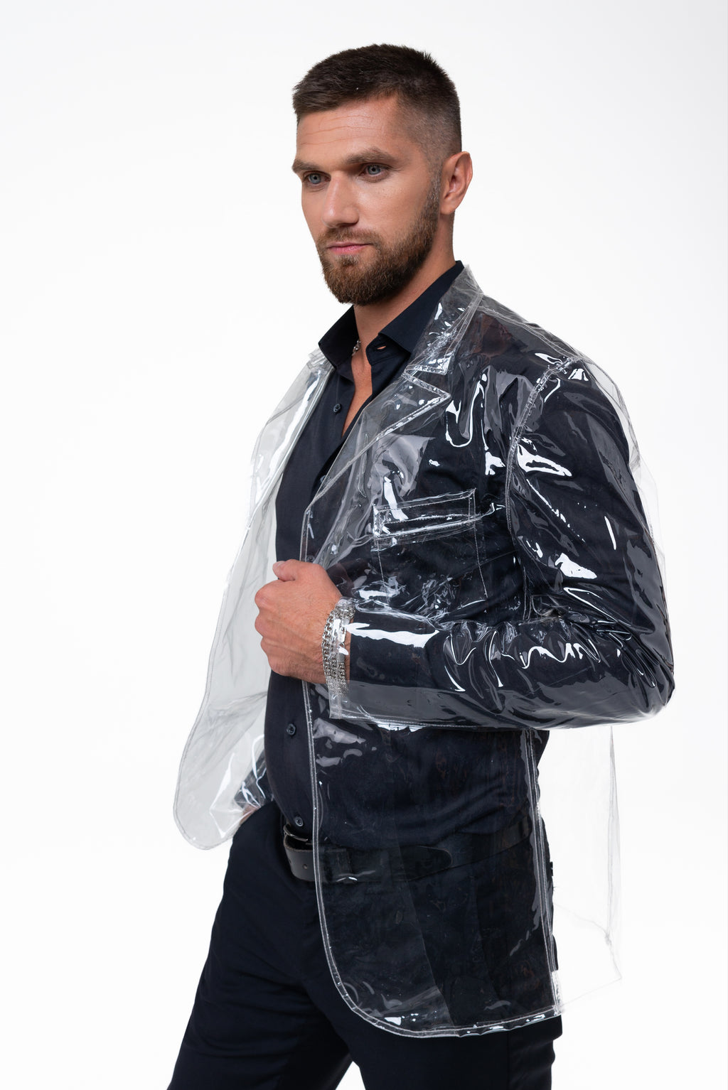 Classic Clear Men’s Jacket. Festive transparent blazer. Clear Rain Jacket