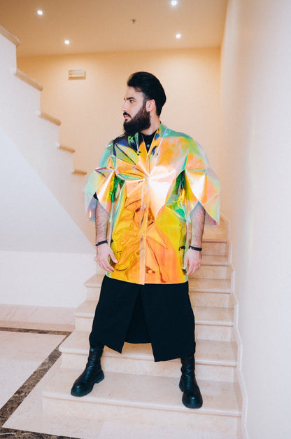 Iridescent TPU Trench Coat — Unisex Holographic Party Raincoat — Futurist Cyberpunk Outerwear & Rave Festival Wear by DomdRich Studio