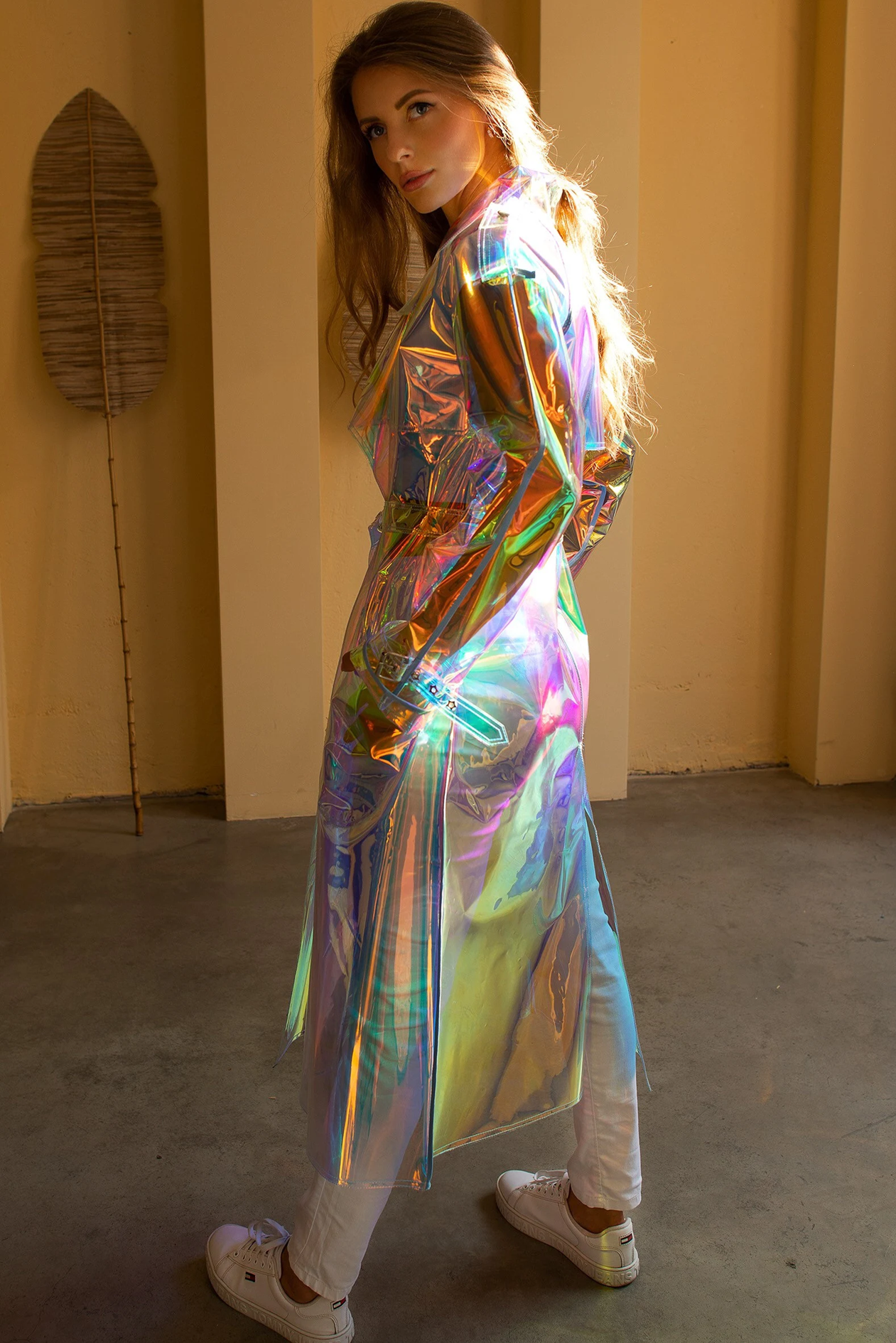 Holographic Vinyl Trench Coat — Iridescent Festival Rave Outfit — Futurist Clear PVC Cyberpunk Jacket — Avant-Garde Statement Wear by DomdRich Studio