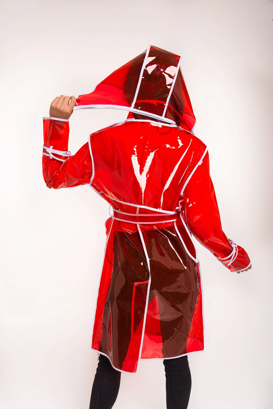 Women’s Classic RED Vinyl Trench Coat – Glossy Transparent Outerwear with Removable hood!