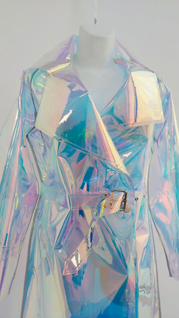Holographic Vinyl Trench Coat — Iridescent Festival Rave Outfit — Futurist Clear PVC Cyberpunk Jacket — Avant-Garde Statement Wear by DomdRich Studio
