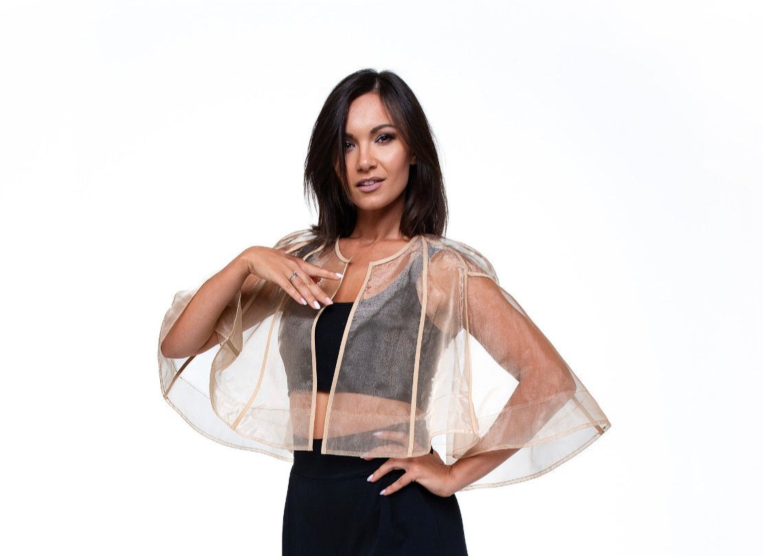 Italian Organza Transparent Cape — Sheer Bridal Shoulder Wrap — Short Wedding Cloak & Avant-Garde Evening Cover-Up by DomdRich Studio