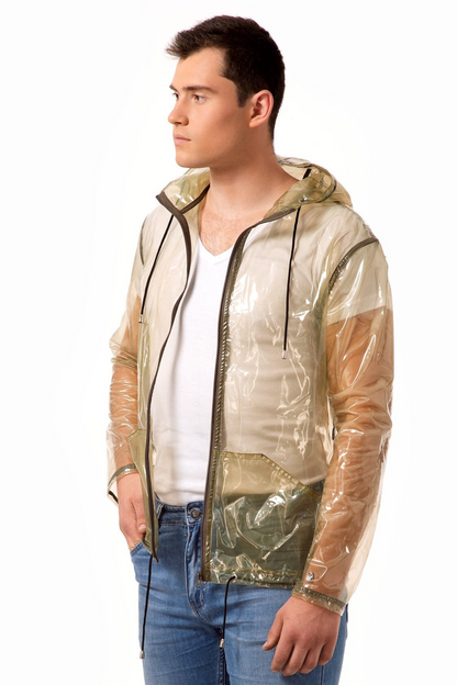 Men's Short Transparent Vinyl Raincoat  - Unisex Waterproof Hooded Trench — Clear PVC Hooded Jacket with Pockets by DomdRich Studio