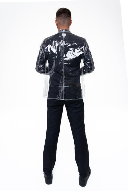 Detailed back view of the transparent vinyl blazer showing the classic vent.