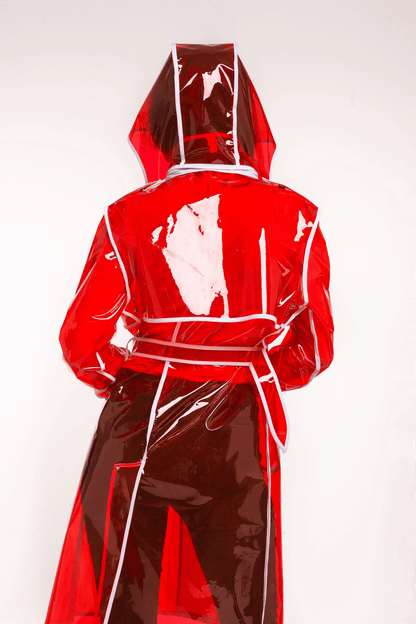 Model wearing a Glossy Red Vinyl Trench back view