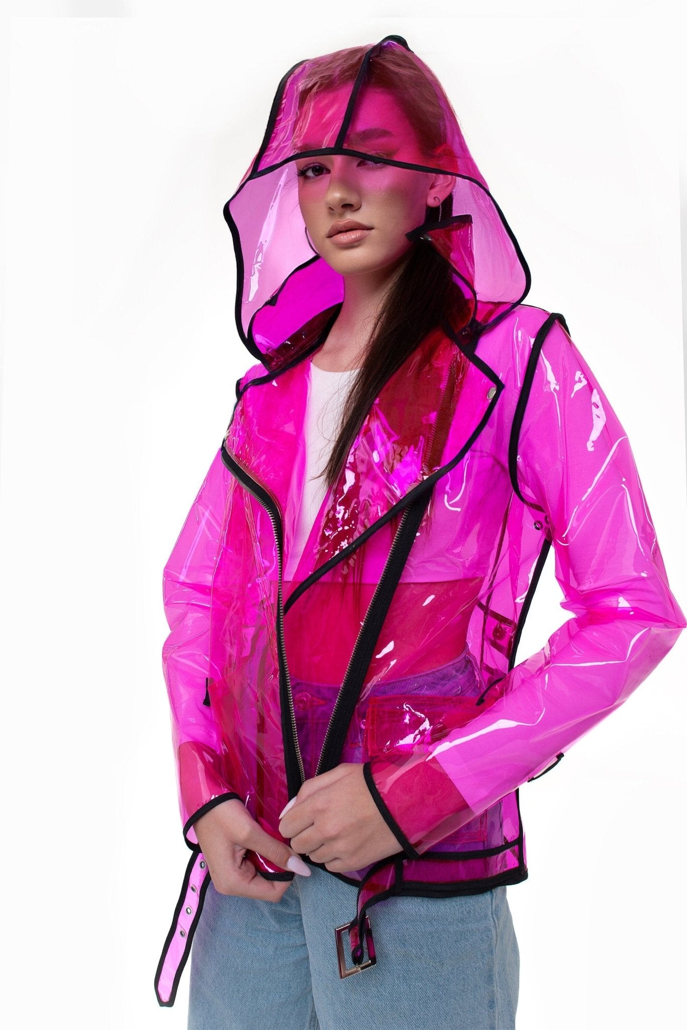 Transparent Vinyl Biker Jacket — Cropped PVC Moto Jacket with Removable Hood — Avant-Garde Clear Festival Wear by DomdRich Studio