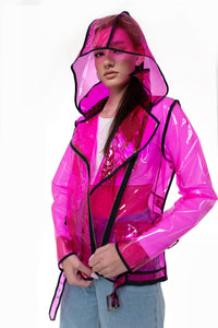 Ladies Bright Vinyl Transparent Biker Jacket with removeble hood.  Stylish Rain Jacket ! Wind resistant clothing. Unique festival design.