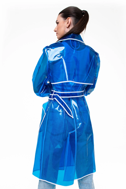 Women’s Classic Vinyl Trench Coat – Glossy Transparent Outerwear with Removable hood!
