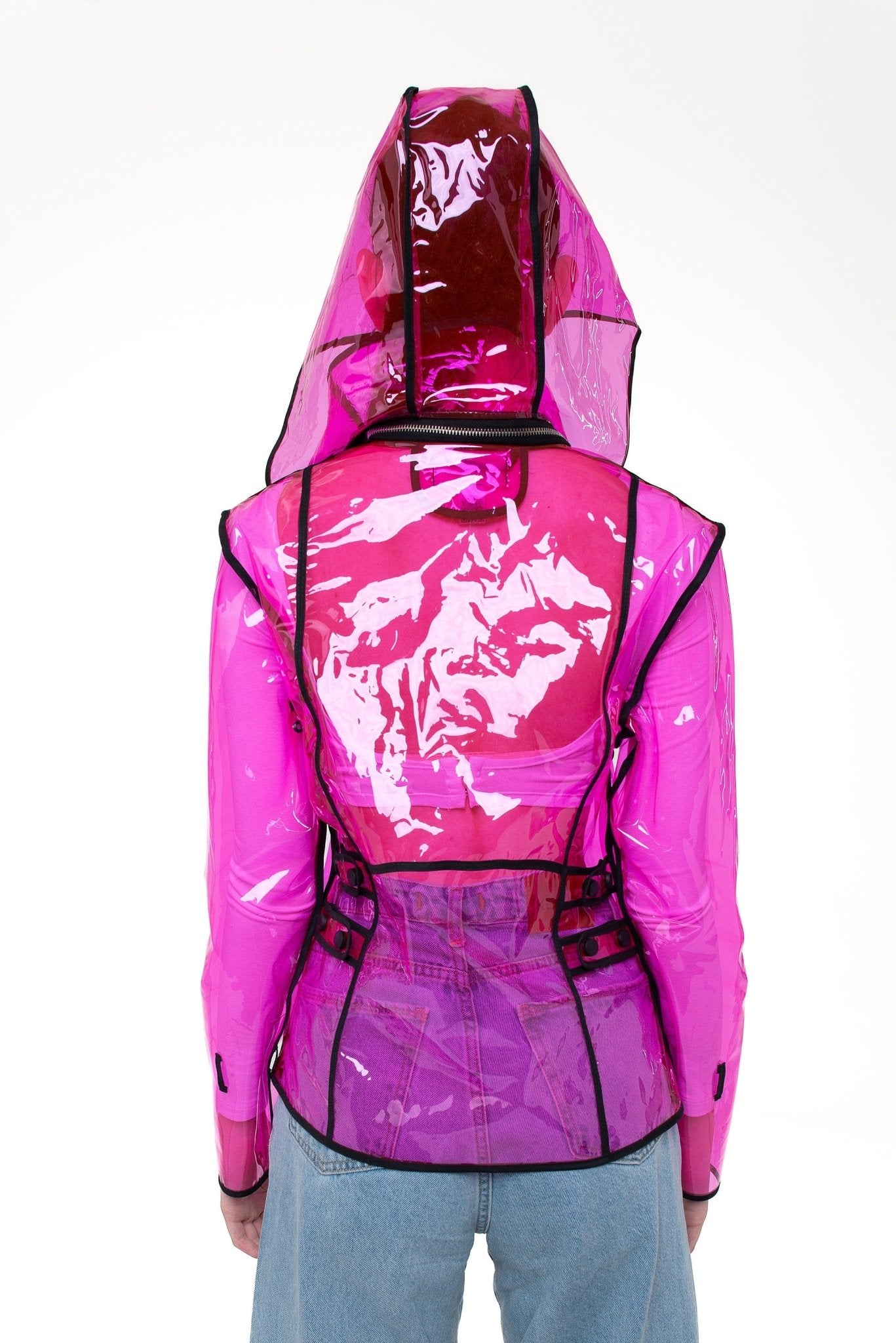 Transparent Vinyl Biker Jacket — Cropped PVC Moto Jacket with Removable Hood — Avant-Garde Clear Festival Wear by DomdRich Studio