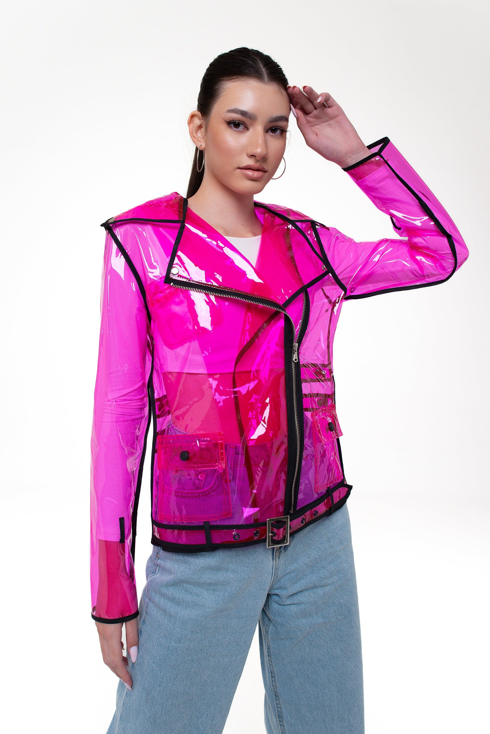 Ladies Bright Vinyl Transparent Biker Jacket with removeble hood.  Stylish Rain Jacket ! Wind resistant clothing. Unique festival design.