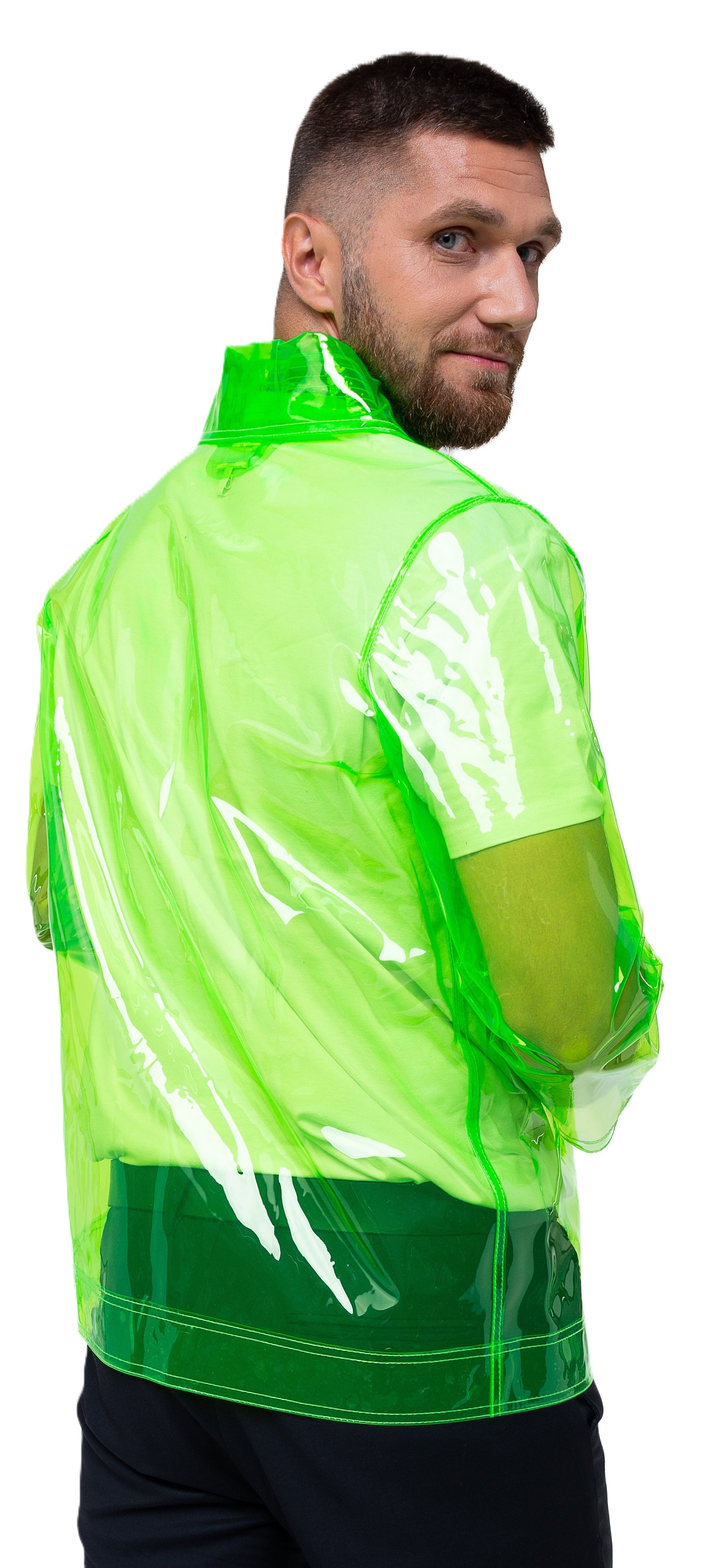 Person wearing a transparent neon green blazer on a white background back view