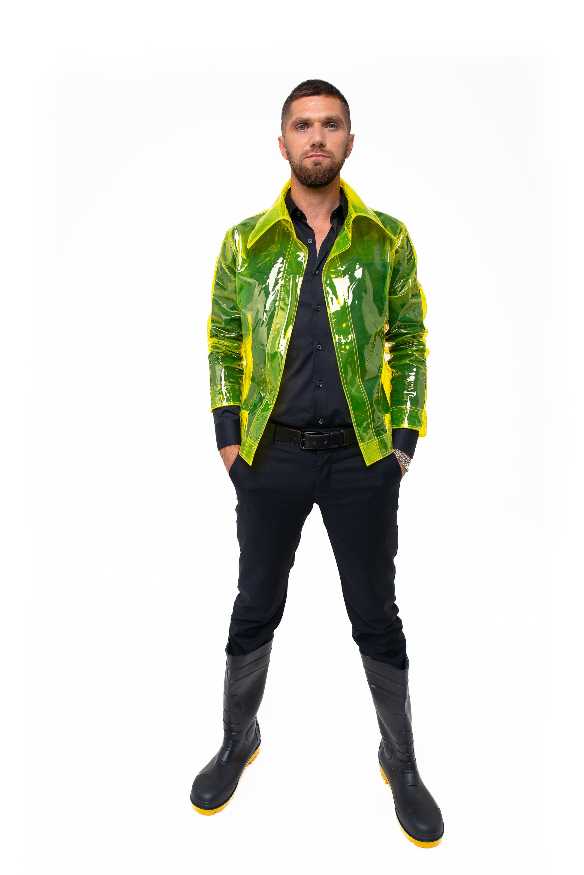Men's transparent yellow vinyl jacket futuristic cyberpunk style by Domdrich.