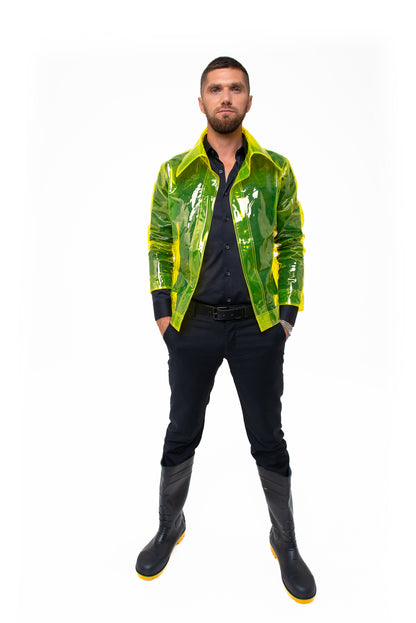 Men's transparent yellow vinyl jacket futuristic cyberpunk style by Domdrich.