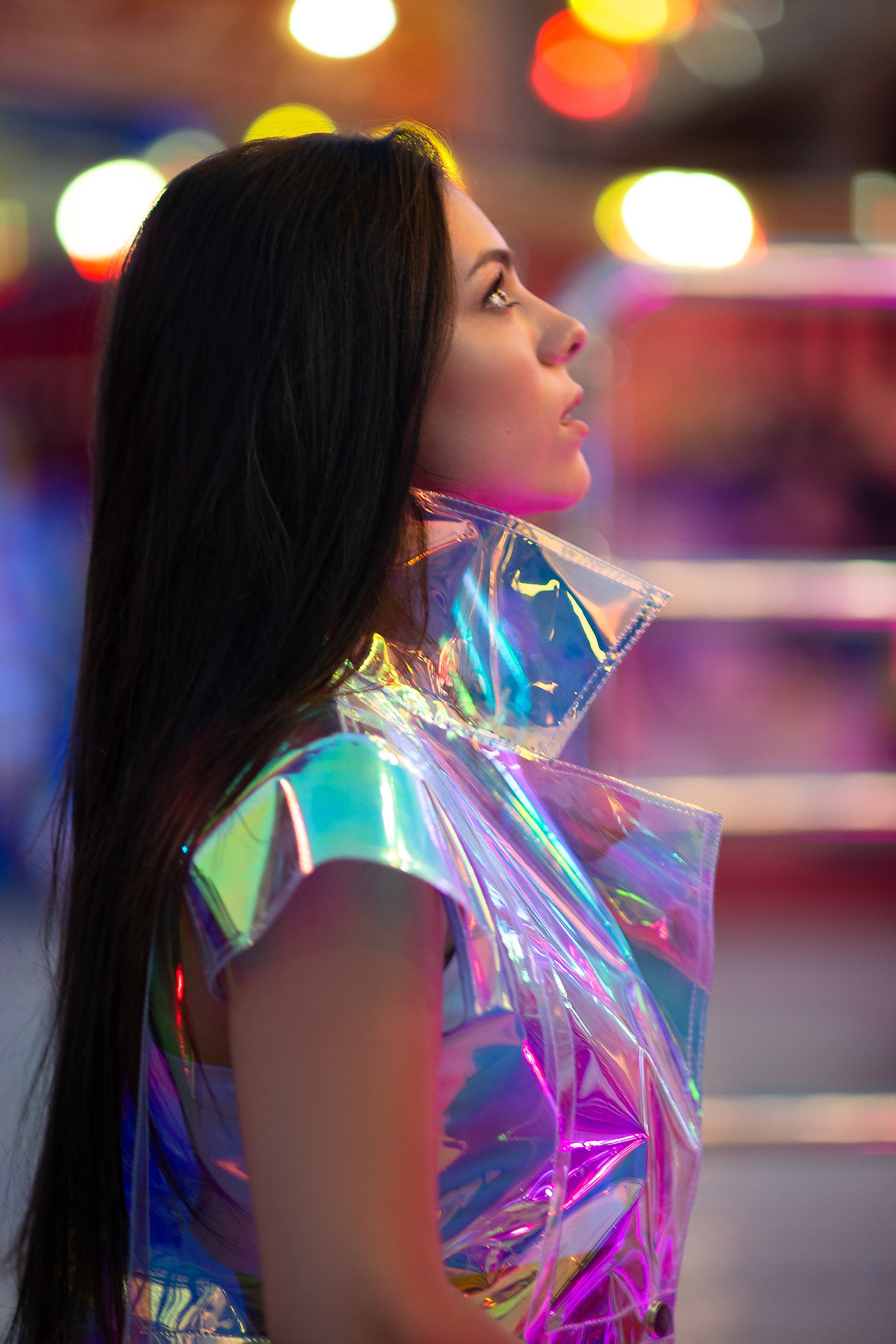 Holographic Long Vest iridescent rave outfit by Domdrich.