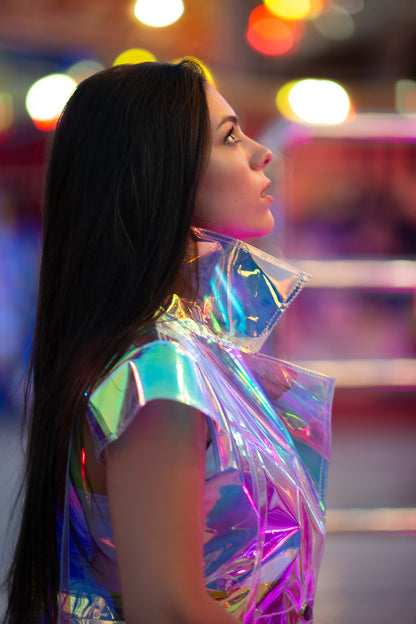 Holographic Long Vest iridescent rave outfit by Domdrich.