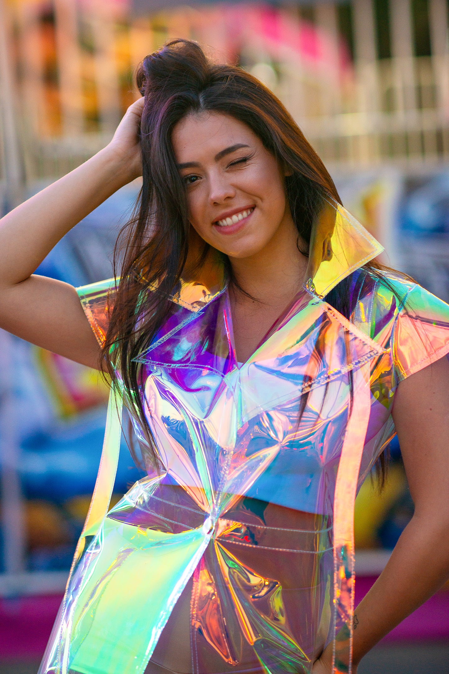 Close-up of Holographic Long Vest