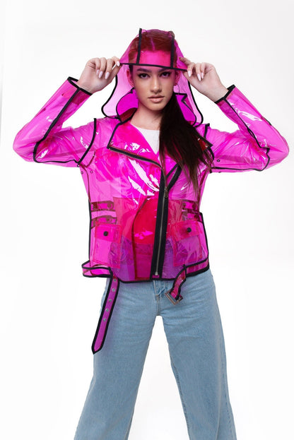 Transparent Vinyl Biker Jacket — Cropped PVC Moto Jacket with Removable Hood — Avant-Garde Clear Festival Wear by DomdRich Studio