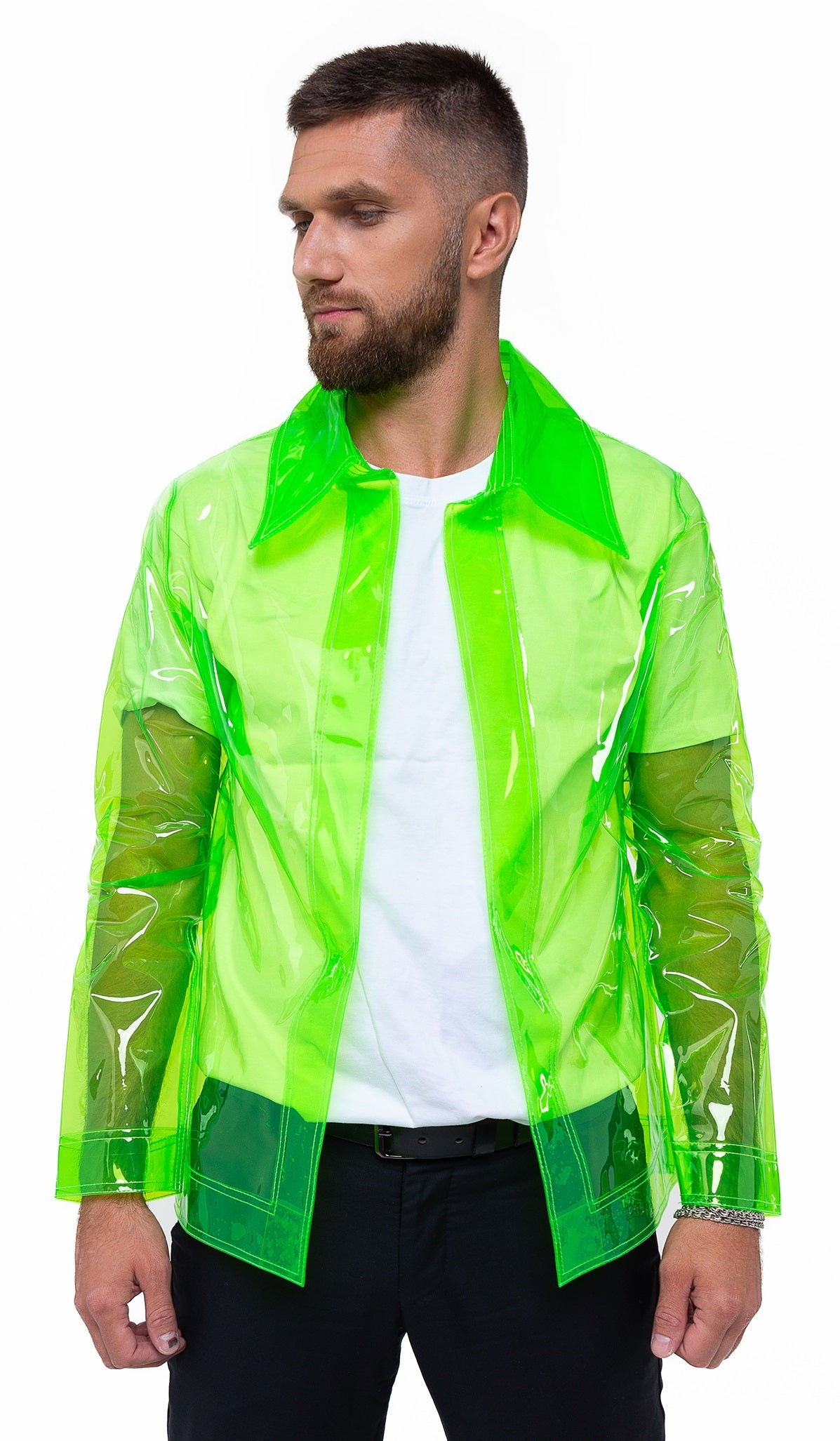 the man wearing a transparent neon green jacket on a white background