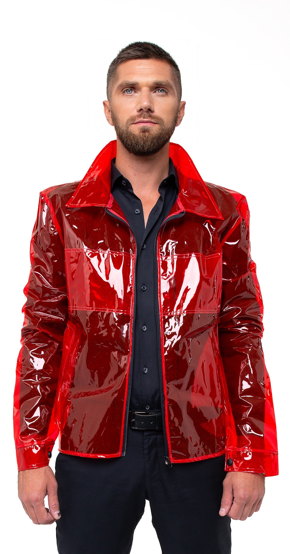 Men's red transparent vinyl blazer waterproof jacket by Domdrich.