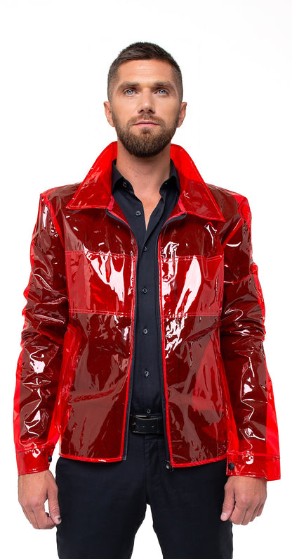 Men's red transparent vinyl blazer waterproof jacket by Domdrich.