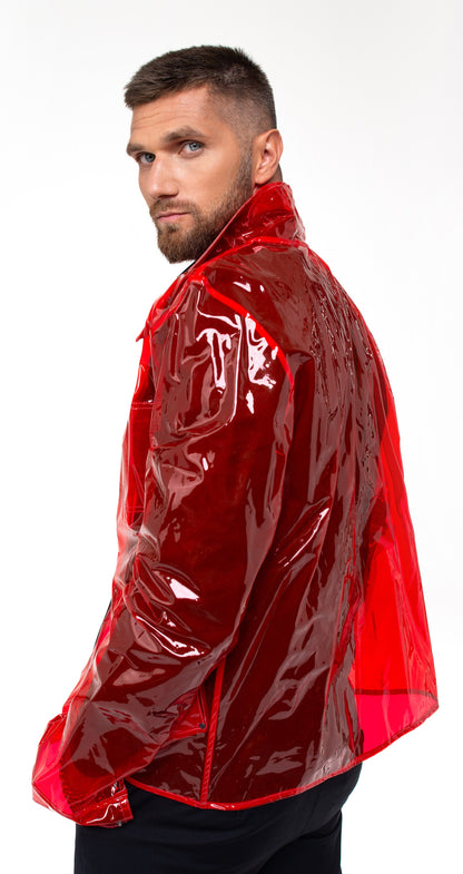 Model wearing a futuristic Red Vinyl Blazer in an urban setting.