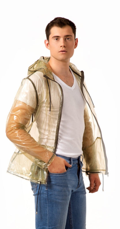 Men's Short Transparent Vinyl Raincoat  - Unisex Waterproof Hooded Trench — Clear PVC Hooded Jacket with Pockets by DomdRich Studio