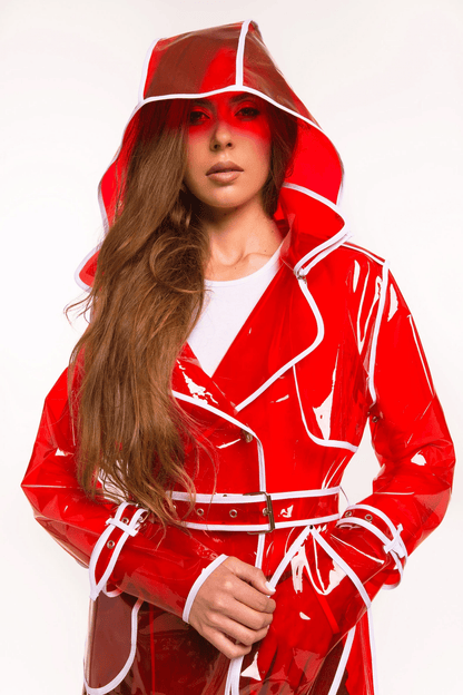 Glossy red  vinyl trench coat front view by DomdRich Studio.