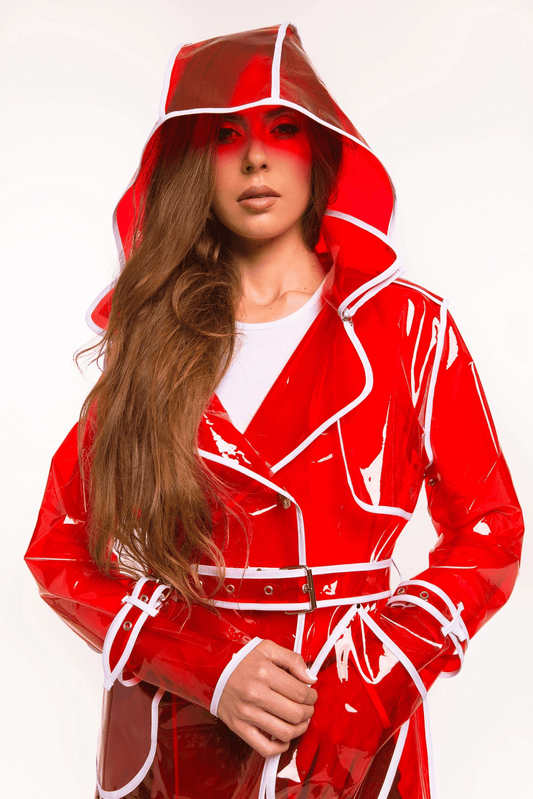 Glossy red  vinyl trench coat front view by DomdRich Studio.