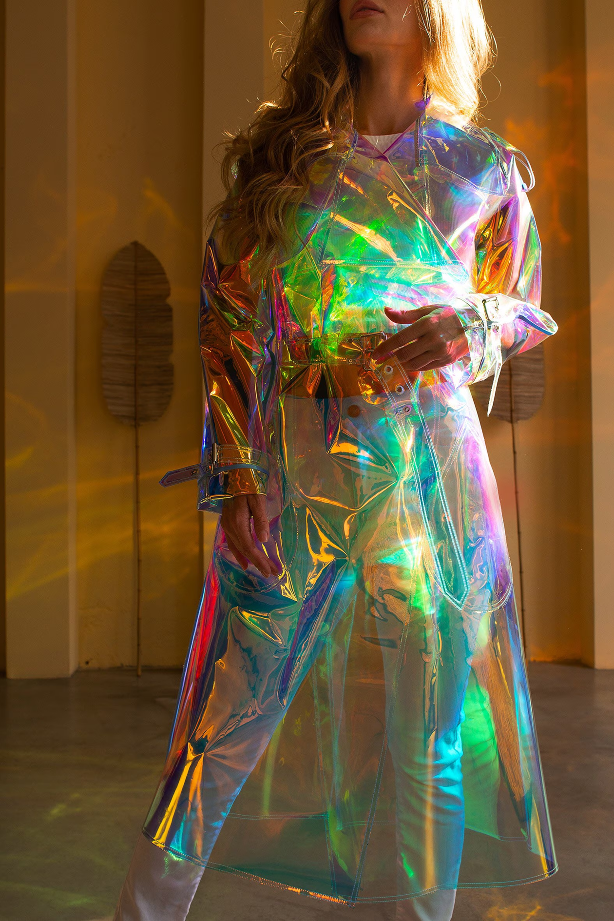 Holographic Vinyl Trench Coat — Iridescent Festival Rave Outfit — Futurist Clear PVC Cyberpunk Jacket — Avant-Garde Statement Wear by DomdRich Studio
