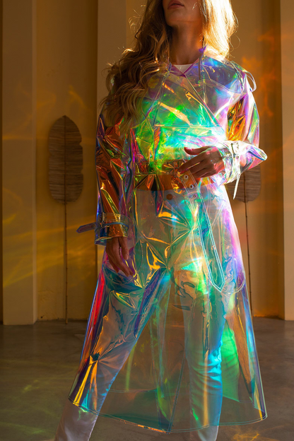 Holographic Vinyl Trench Coat — Iridescent Festival Rave Outfit — Futurist Clear PVC Cyberpunk Jacket — Avant-Garde Statement Wear by DomdRich Studio