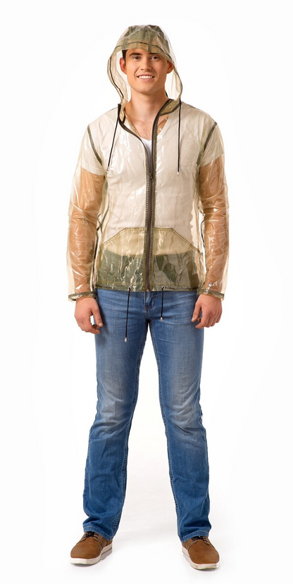 Men's Short Transparent Vinyl Raincoat  - Unisex Waterproof Hooded Trench — Clear PVC Hooded Jacket with Pockets by DomdRich Studio