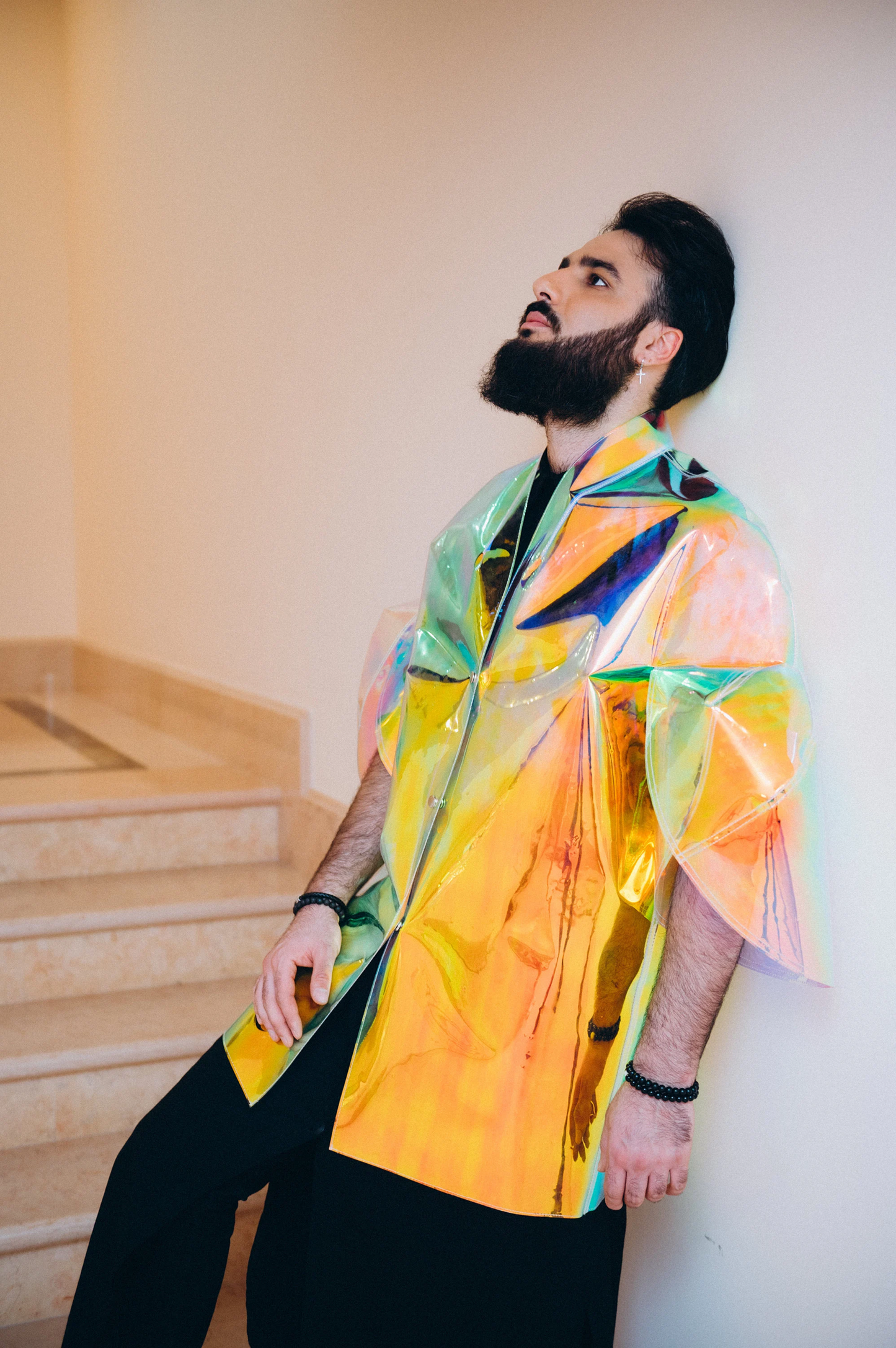 Iridescent TPU Trench Coat — Unisex Holographic Party Raincoat — Futurist Cyberpunk Outerwear & Rave Festival Wear by DomdRich Studio