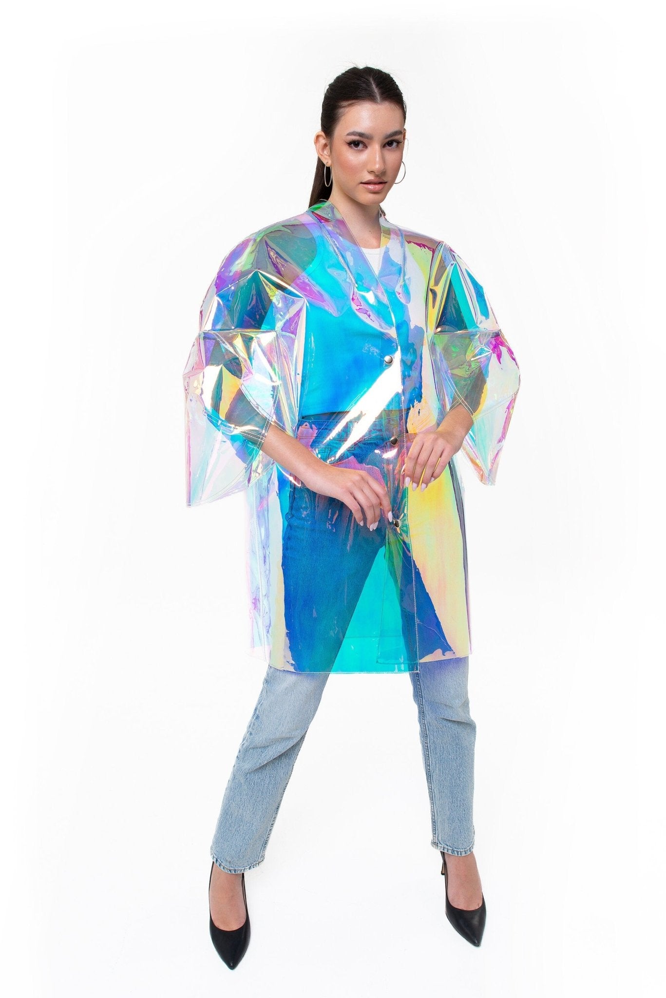 Iridescent TPU Trench Coat — Unisex Holographic Party Raincoat, Futuristic Silver Vinyl Jacket, Cyberpunk Streetwear, Designer Waterproof Coat