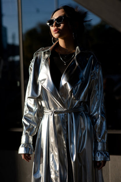 Silver Vegan Leather Trench Coat — Metallic Long Raincoat with Viscose Lining, Ladies Sparkling Festival Coat, Designer Faux Leather Trench, Avant-Garde Silver Outerwear