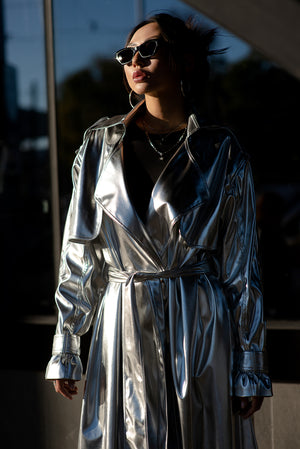 Silver Vegan Leather Trench Coat.