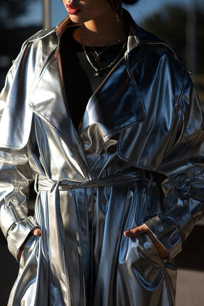 Silver Vegan Leather Trench Coat — Metallic Long Raincoat with Viscose Lining, Ladies Sparkling Festival Coat, Designer Faux Leather Trench, Avant-Garde Silver Outerwear