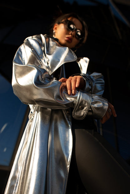 Silver Vegan Leather Trench Coat — Metallic Long Raincoat with Viscose Lining, Ladies Sparkling Festival Coat, Designer Faux Leather Trench, Avant-Garde Silver Outerwear