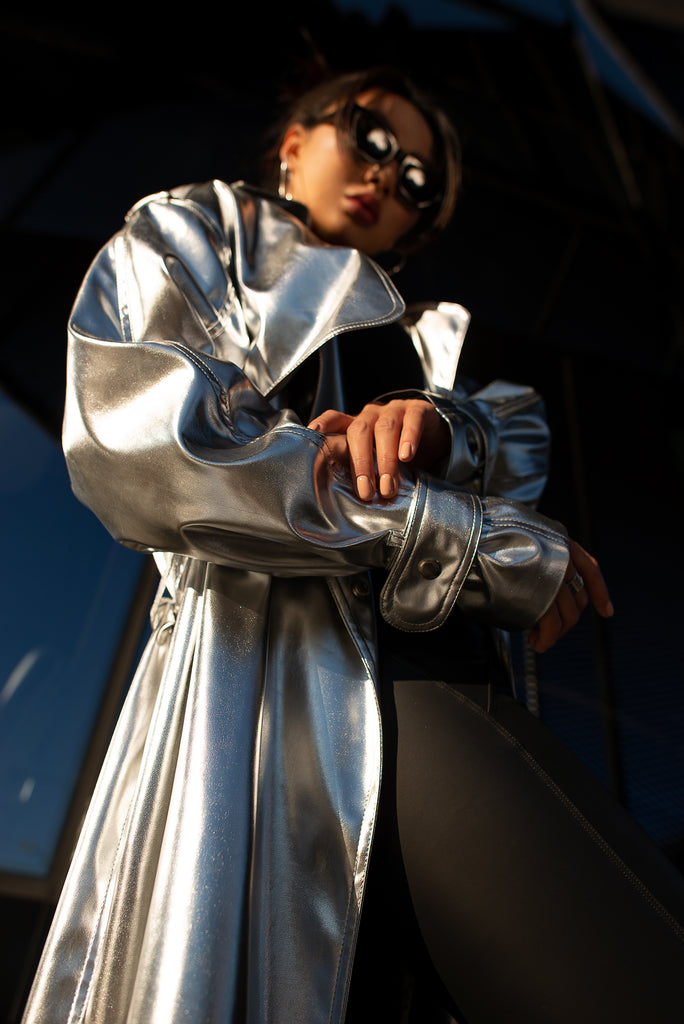 Silver Vegan Leather Trench Coat. – DOMDRICH