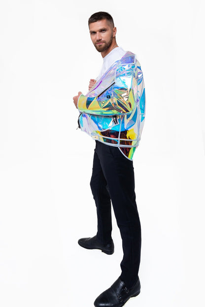 Side profile of the futuristic holographic moto jacket on a masculine frame.
