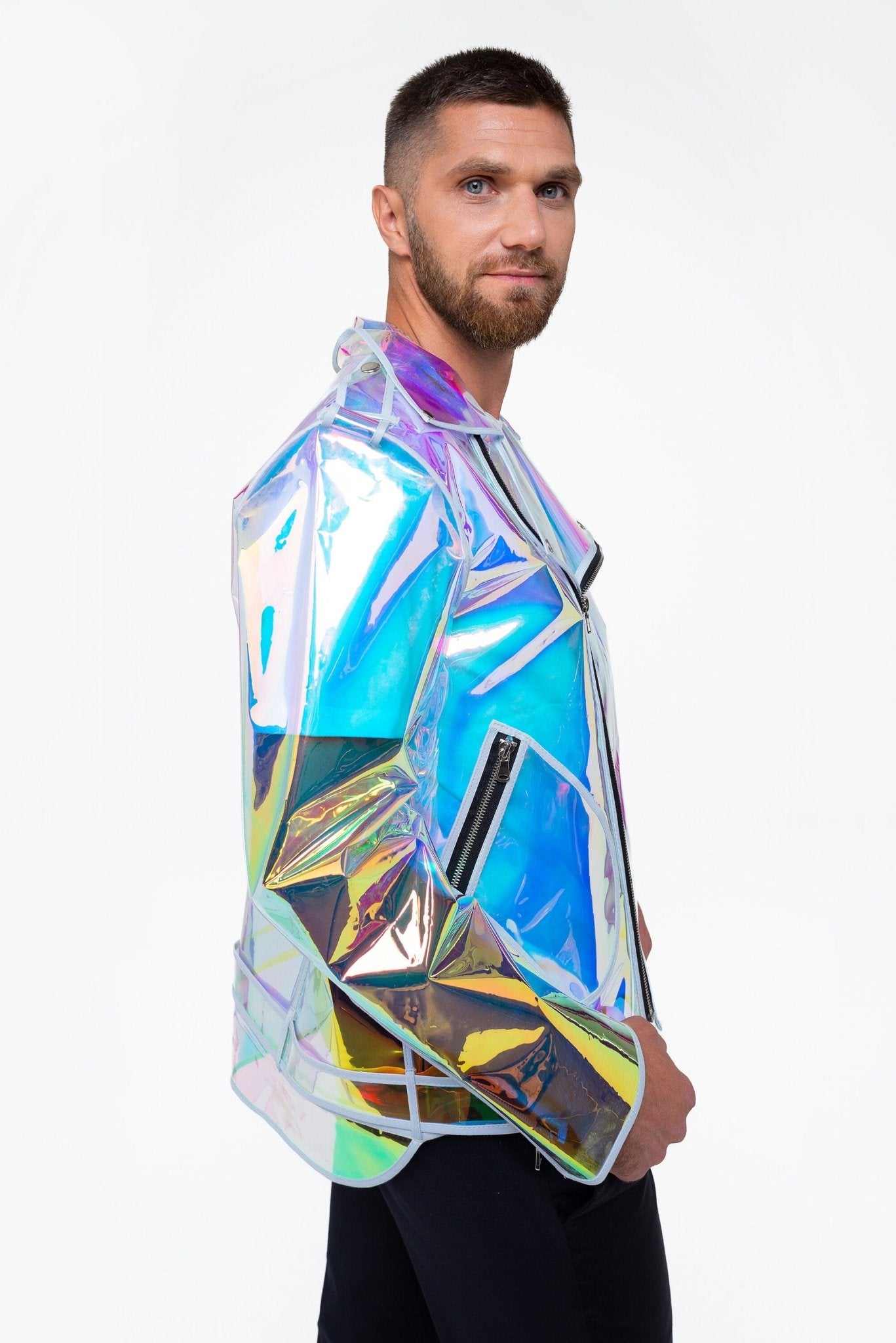 Detailed view of the rainbow reflective vinyl on an iridescent men's biker jacket.
