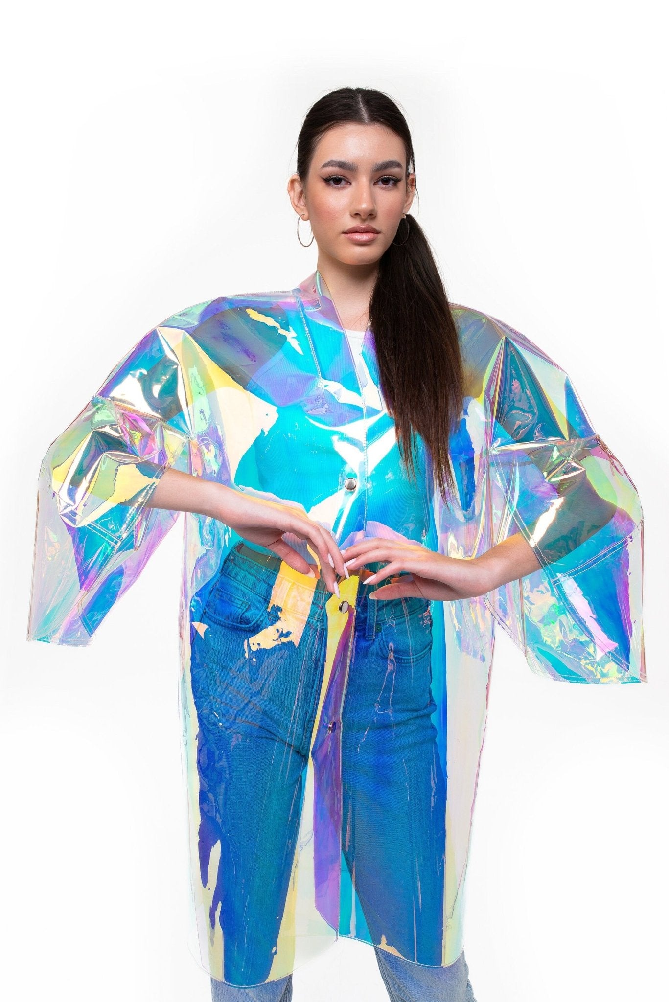 Iridescent TPU Trench Coat — Unisex Holographic Party Raincoat, Futuristic Silver Vinyl Jacket, Cyberpunk Streetwear, Designer Waterproof Coat