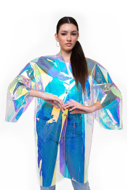 Iridescent TPU Trench Coat — Unisex Holographic Party Raincoat, Futuristic Silver Vinyl Jacket, Cyberpunk Streetwear, Designer Waterproof Coat